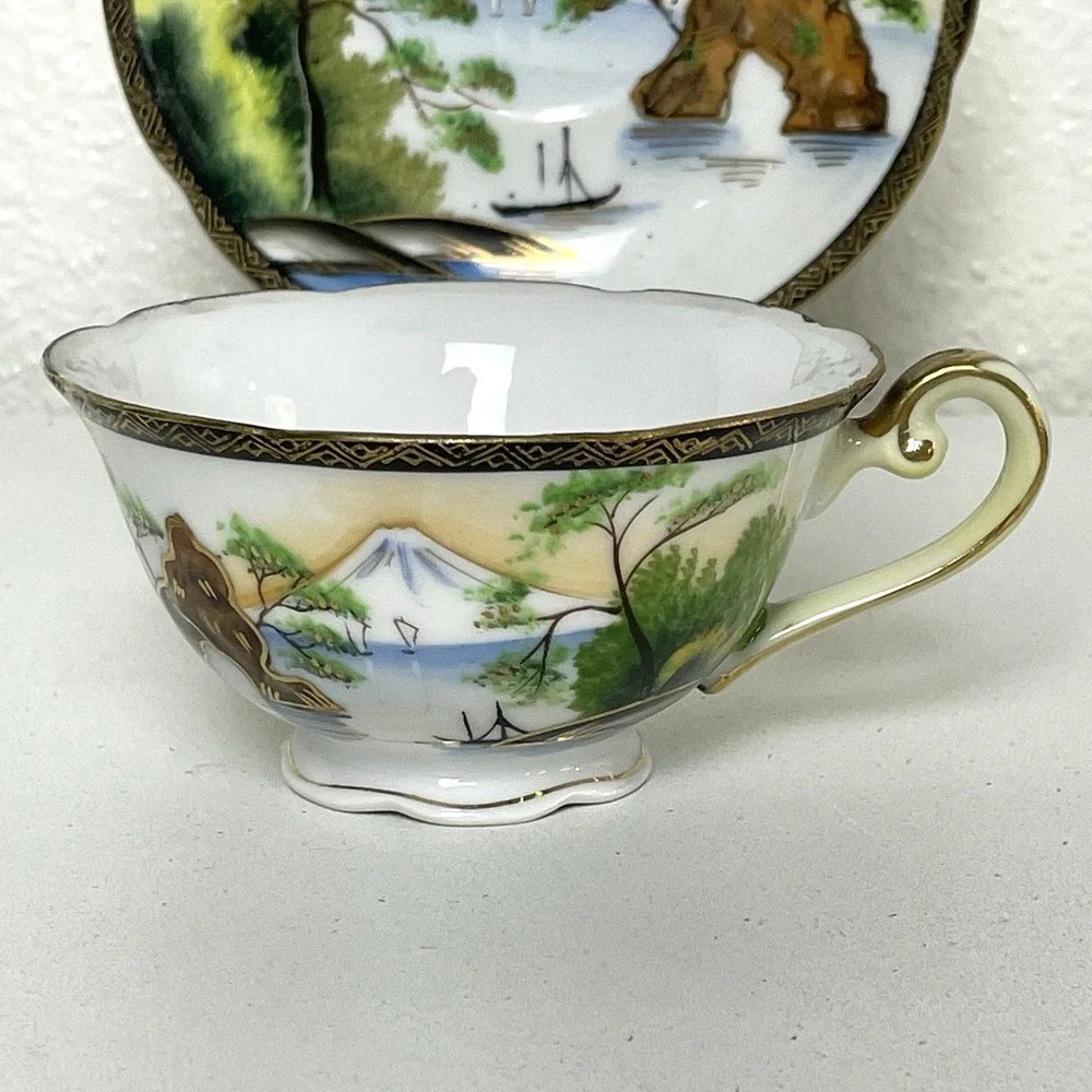 Vintage 1950s Japan Hand Painted Porcelain Teacup Saucer Japanese Design 5 oz